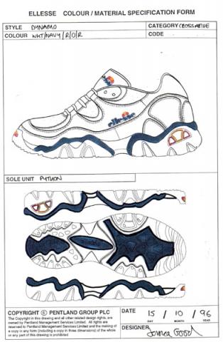 Scan of a sports shoe spec sheet